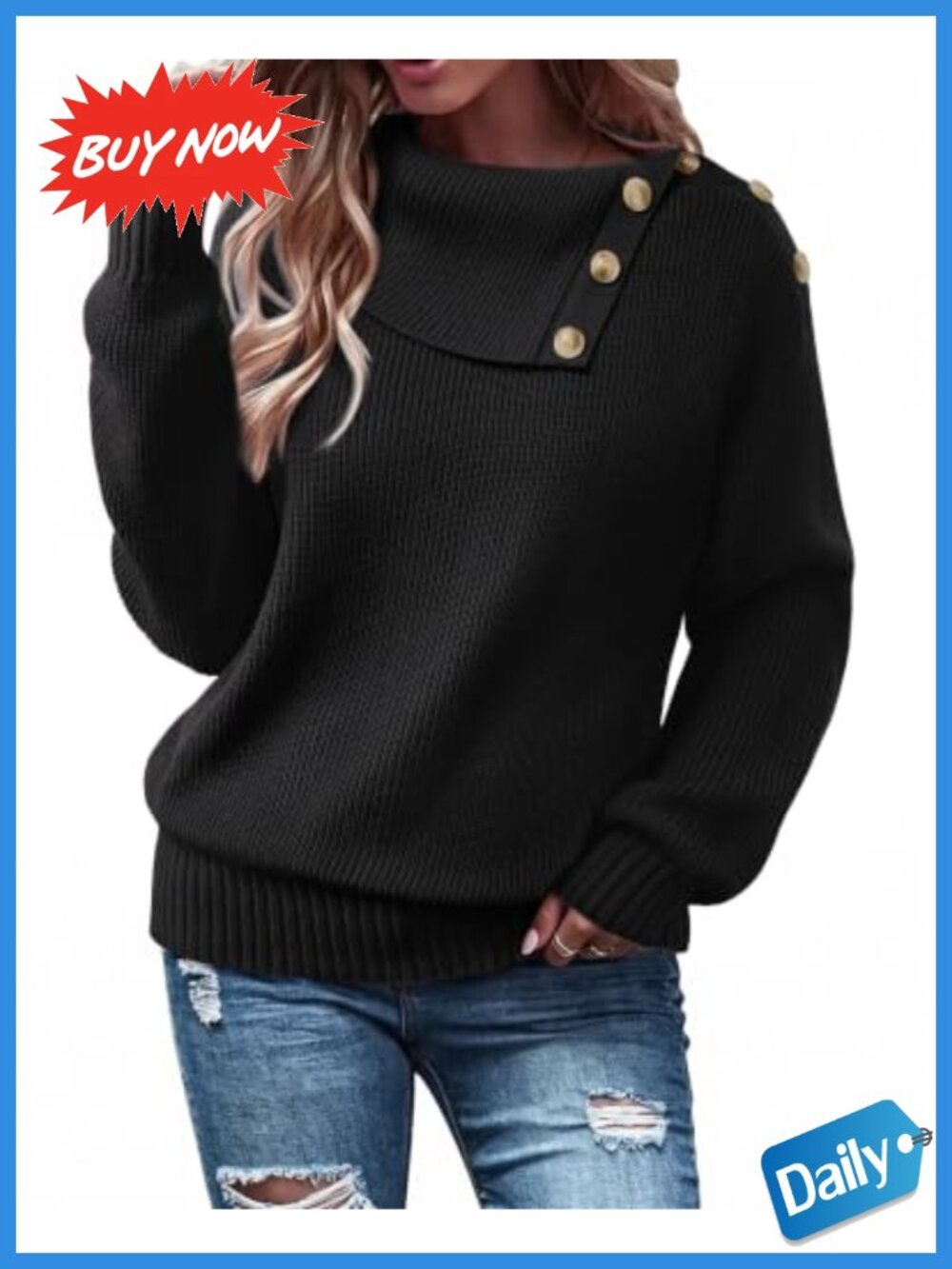 Womens Turtleneck Sweater Button Cowl Neck Knit Pullover Long Sleeve